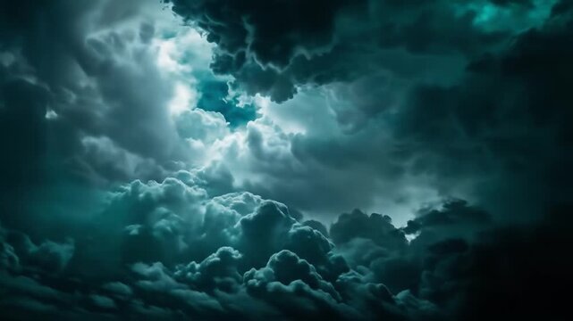 Dramatic dark storm clouds with a moody teal glow, creating an ominous and powerful atmosphere in a foreboding sky.