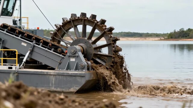 Mid shot of dredging machinery extracting sediment from a reservoir highlighting industrial efforts to maintain water flow and prevent clogging in water management systems.