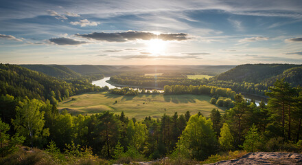 Naklejka premium Serene Landscape of River Valley at Sunset