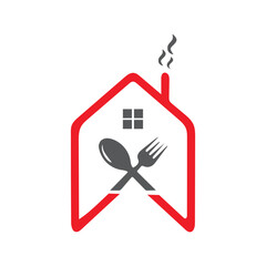 Home kitchen logo with spoon and fork inside a house symbol, perfect for homemade food businesses.
