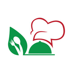 Natural chef hat & green leaf outline vector icon for organic restaurant, eco kitchen & vegan cafe.