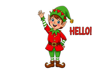 Fototapeta premium Happy Christmas Elf Waving Hello Cartoon Illustration