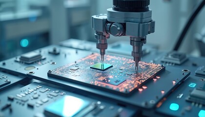 Automated robotic arm precisely places microchip onto circuit board. Factory production of computer components. Tech industry advancement shown in automation process. Modern electronic manufacture of