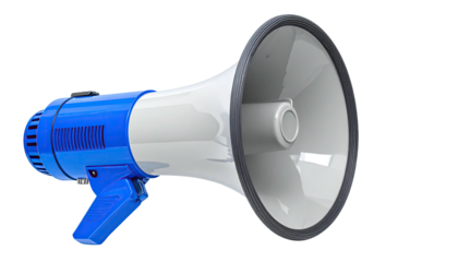 A close-up view of a blue and white megaphone with a black background
