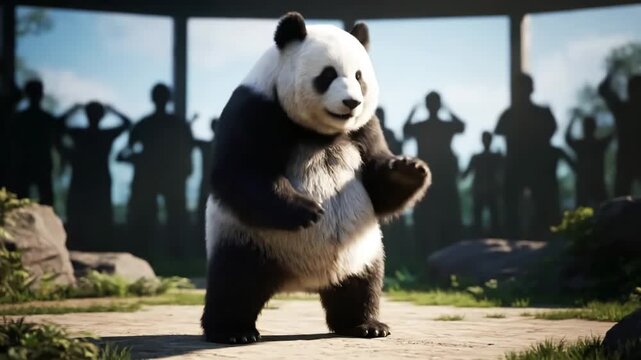 Green Screen panda zoo cg fur 3d rendering animal realistic cgi vfx animation loop crowd dance composition mapping cartoon with alpha channel scene 2 distortion, overlay, glitch, static noise, scan