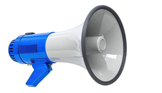 A close-up view of a blue and white megaphone with a black background