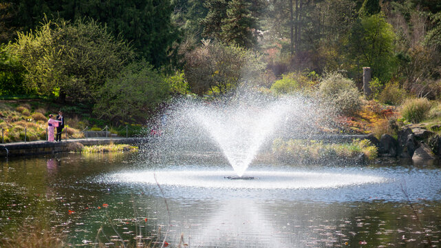 A vibrant park scene featuring a powerful water fountain spraying high into a tranquil pond, observed by an elegantly dressed couple on a sunny day.