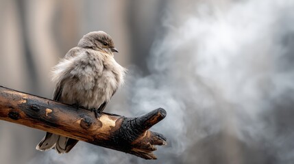 A tired bird with ruffled feathers perched on a burnt branch, smoke in the background, somber mood