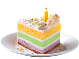 Slice of birthday cake with colorful sprinkles and lit candle isolated on white background, symbolizing celebration and sweetness.