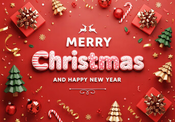 Festive 3D holiday greeting on red, featuring candy cane text, gift boxes, ornaments, and stylized Christmas trees.