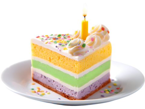 Slice of birthday cake with colorful sprinkles and lit candle isolated on white background, symbolizing celebration and sweetness.