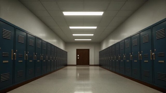 An empty school hallway with rows of blue metal lockers stretching towards a closed door under fluorescent lights.