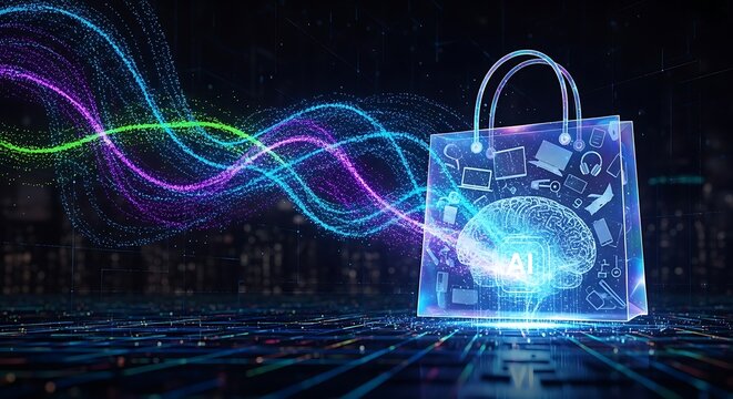 Digital Artificial Intelligence Shopping Bag with Brain and Technology Icons in Futuristic Dark Background