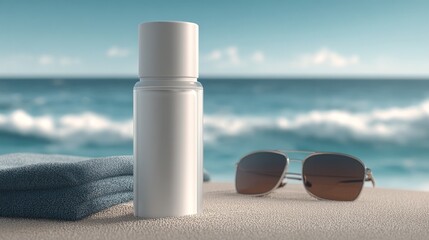 Near the ocean, a beach towel has sunscreen and sunglasses laid out on it