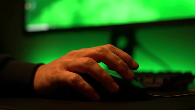 Green Screen office guy using chromakey computer closeup worker hand holding mouse device scene 2 with distortion, overlay, glitch, static noise, scan lines on black background, 4k animated video loop