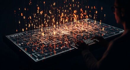 Futuristic Data Scientist Analyzing Complex Digital Data on Transparent Touchscreen Table