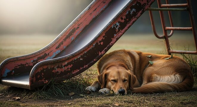 A Golden Retriever dog resting under an old, rusty slide in an outdoor playground, in the sunlight, heat, and solitude. - Powered by Adobe