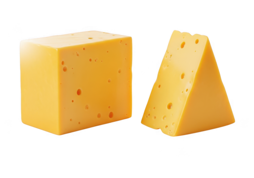 Two blocks of yellow cheese with holes isolated on transparent background