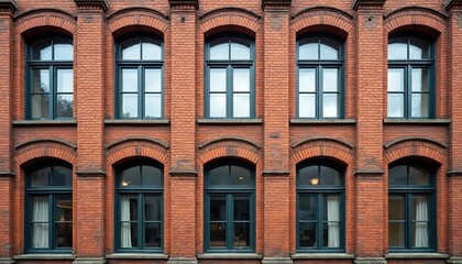Fototapeta premium Brick building shows window pattern. Architectural element on building facade. Urban photo of many identical windows. Old apartment windows. Downtown area with vintage construction. Classic exterior