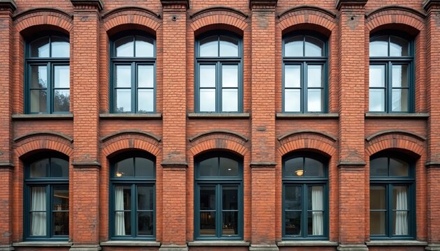 Brick building shows window pattern. Architectural element on building facade. Urban photo of many identical windows. Old apartment windows. Downtown area with vintage construction. Classic exterior