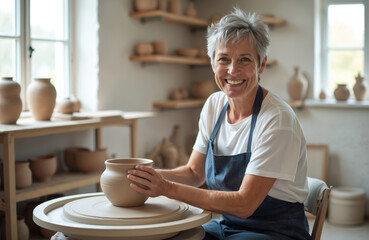 Smiling mature woman with grey hair forms clay pot on pottery wheel. Artisan crafts ceramic bowl in studio workshop. Female potter works with mud using hands. Skillful creator molds earthenware.