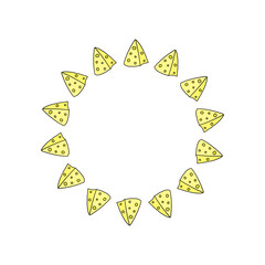 Cute round frame with doodle triangle cheese slices isolated on white background.