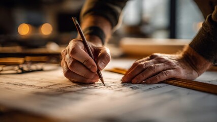 Architect's detailed blueprint design modern office closeup photography natural light artistic viewpoint