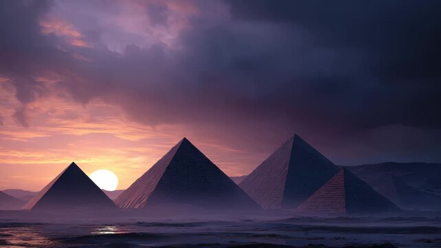 Majestic pyramids of Giza against a dramatic sunset sky in Egypt