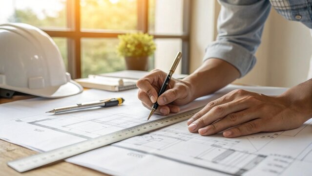 Architect's hands sketching on blueprint with ruler modern office warm natural light closeup viewpoint