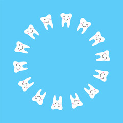 Cute round frame with flat smiling teeth characters isolated on white background. Dental oral care.