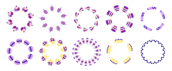 Set of cute round wreaths with blueberry desserts and drinks isolated on white background.