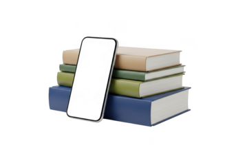 Modern smartphone placed on a stack of vintage books isolated on transparent background