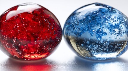 Glossy spheres of red and blue produce a visually striking exhibit