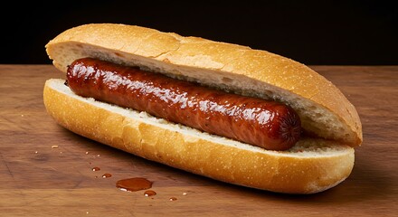 A Delicious Hot Dog Sausage in a Bun on a Wooden Table.