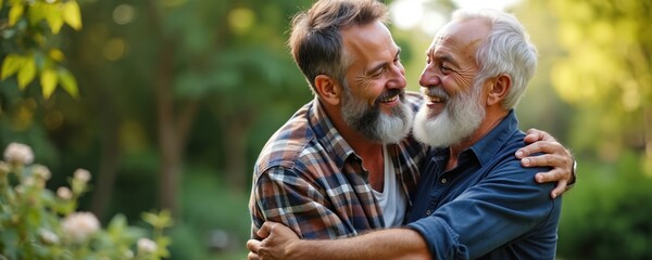 Adult son hugs old father with love in garden. Two bearded men smile, talk, enjoy outdoor time. Happy family share moment, generation bonding, affectionate embrace.