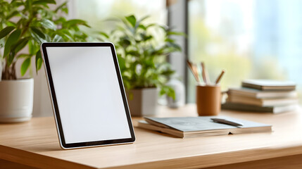 Fototapeta premium Tablet with blank screen on a wooden desk in a bright modern office setting