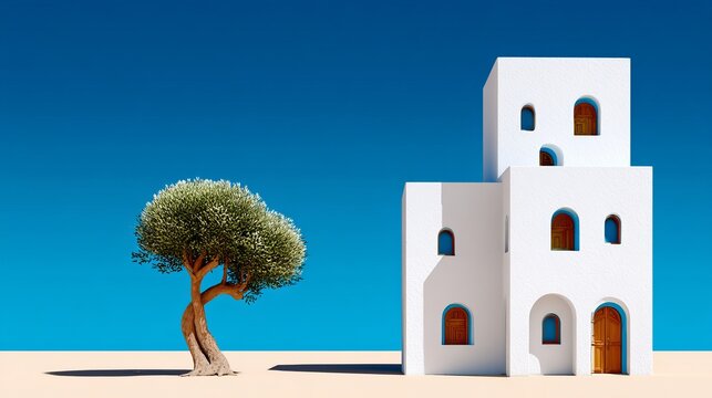 Modern architectural style is juxtaposed with a solitary tree under a brilliant blue sky