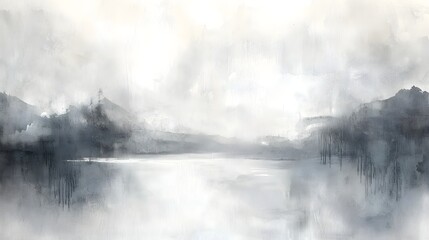 Fototapeta premium Serene Misty Landscape with Mountains and Calm Water Reflection