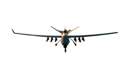 A frontal view of a military drone, silhouetted against a black background