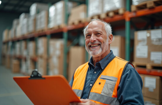 Happy senior man works in big distribution warehouse. Wears bright safety vest, holds orange clipboard, smiles widely. Older worker manages stock, inventory. Employee stands among shelves, boxes,