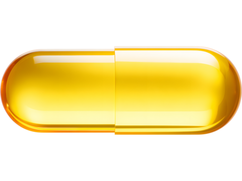 Single orange capsule isolated on white background, ideal for medical, health, and supplement design visuals.