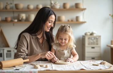 Mother and daughter shape clay together at table. Woman teaches child art, pottery craft. Little girl learns molding ceramic, develops fine motor skills, enjoys creative bonding.