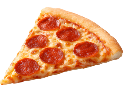 Realistic slice of pepperoni pizza isolated on white background, ideal for fast food, restaurant, or culinary design themes.