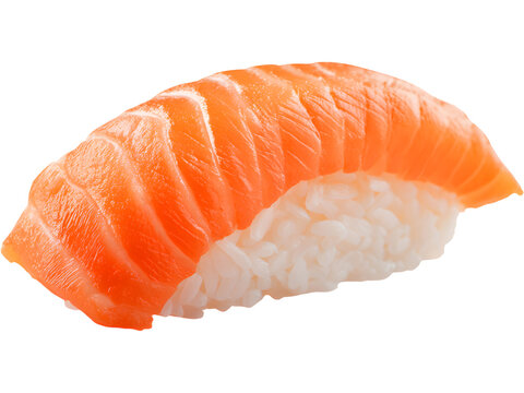 Fresh piece of salmon sushi isolated on white background, representing Japanese cuisine and delicious seafood.
