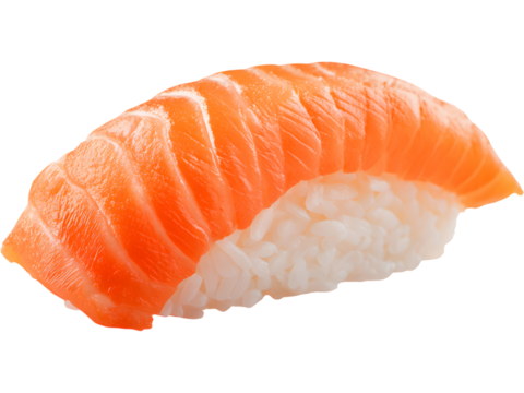 Fresh piece of salmon sushi isolated on white background, representing Japanese cuisine and delicious seafood.