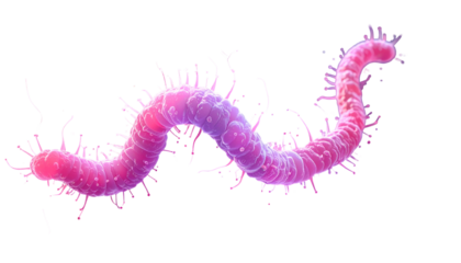 Artistic rendering of a curved, elongated, pink-purple parasite against a dark background