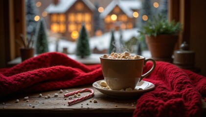Cozy Christmas Window View with Hot Chocolate