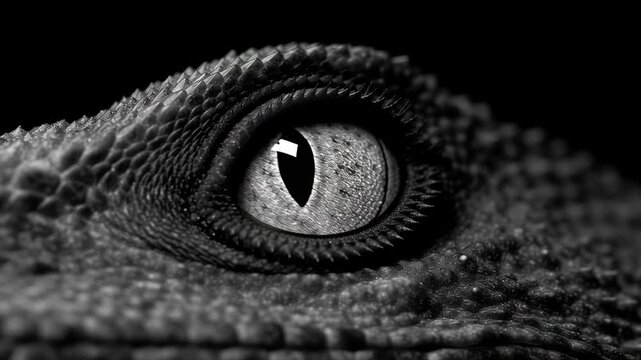Stunning close-up of a reptile eye showcasing intricate textures and patterns in black and white
