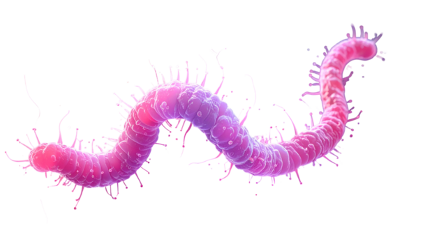 Artistic rendering of a curved, elongated, pink-purple parasite against a dark background