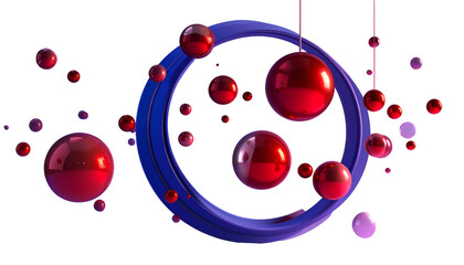 Glossy red orbs and smaller spheres float around a blue ring against a black background